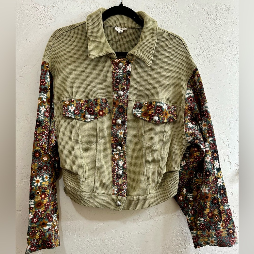 POL Olive and Floral Jean Jacket